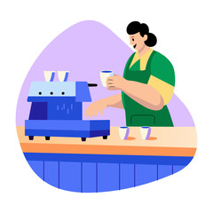 A flat illustration of a character making coffee in an espresso brewer