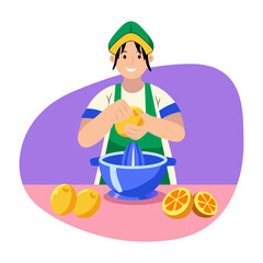 A flat style illustration of a character extracting juice with hands