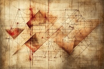 Detailed Architectural Draftings Overlayed On Aged Textured Parchment Paper