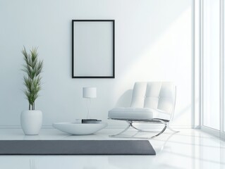Modern minimalist interior design with furniture and a framed print