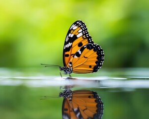 Obraz premium Butterfly delicately touching down on a rippling pond, creating a mesmerizing reflection