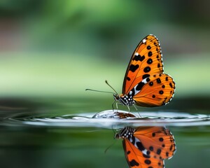 Obraz premium Butterfly delicately touching down on a rippling pond, creating a mesmerizing reflection