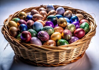 Fototapeta premium Woven Easter Egg Basket, Colorful Dyed Eggs, Spring Decor, White Background, Holiday Photography
