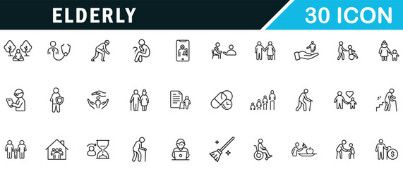 Elderly outline editable icon&nbsp;set. active lifestyle, support, care and more.