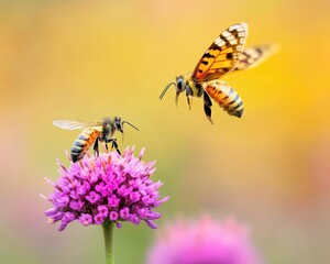 Obraz premium Butterfly landing on a bee s back in a wildflower meadow, illustrating pollinator coexistence