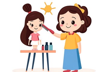 Girl brushing doll's hair, sunny day, playroom, childhood fun