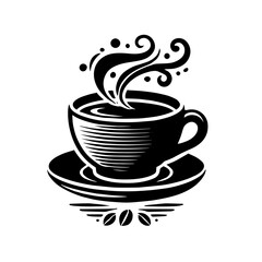 steaming coffee cup on saucer in vintage black silhouette illustration