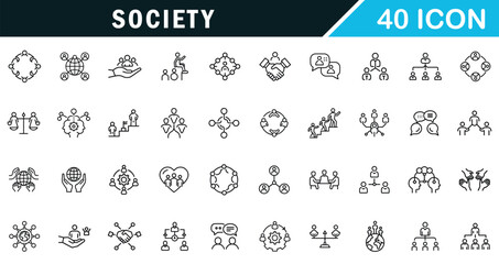 Society outline editable icon set. social group, diversity, communication and more.