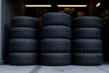 A Silent Stack Of Sturdy Tires, Ready For The Road, Awaiting Their Journey, Dark And Imposing In A Dimly Lit Garage