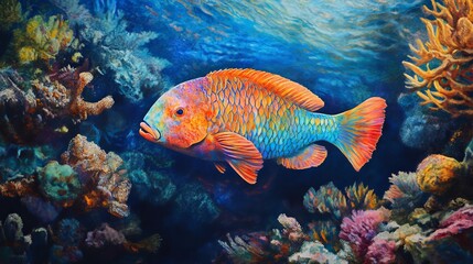 A vivid scene of a vibrant parrotfish swimming over a colorful coral reef. 