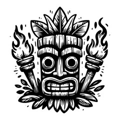 tribal tiki mask with torches black and white engraving style illustration