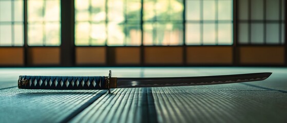 72. A martial arts practice sword resting on the floor of a dojo