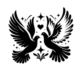 two doves in love flying black and white romantic silhouette illustration