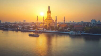 Obraz premium A city with a large building and a boat on the water