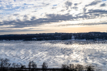 above view of ice drift on river in Kostroma city