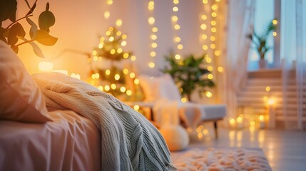 Cozy bedroom with Christmas lights and a Christmas tree in the background.