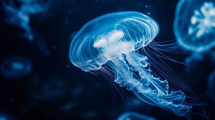 An ethereal close-up of a translucent jellyfish drifting in a dark, deep ocean. 