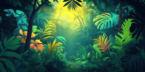 Obraz premium Lush green foliage in a brightly illuminated tropical rainforest scene