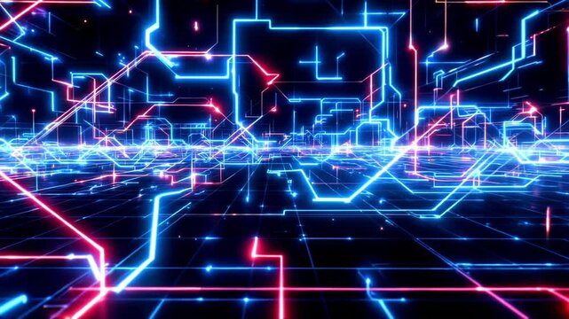  A glowing high-tech grid expands and contracts forming intricate patterns of interconnected neon lines and pulsating energy waves.-vmake