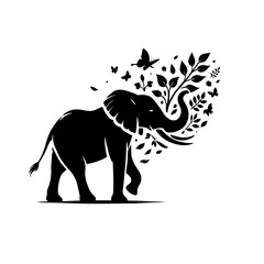 elephant with floral trunk and butterflies black and white artistic silhouette illustration
