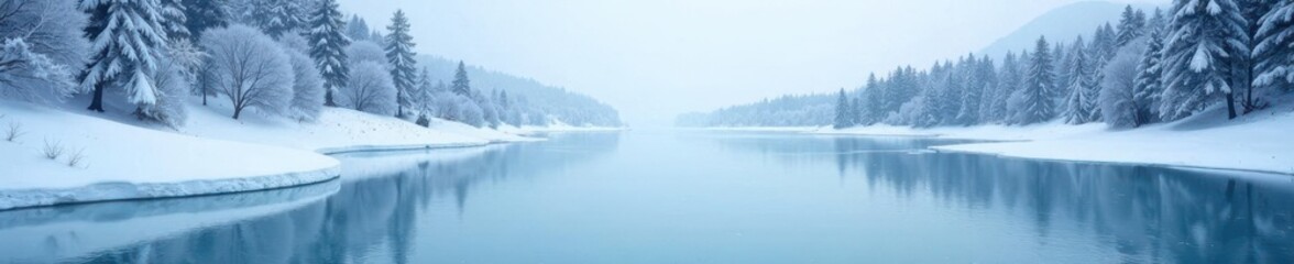 Fototapeta premium A frozen lake with snow covering the entire surface, snow covered ice, snowy stillness