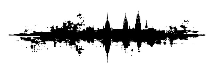 urban skyline silhouette with reflection black and white ink illustration