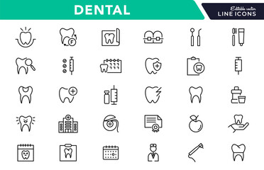Dental, dentist line icon set. Dentistry, dental treatment, tooth, prosthetics, teeth whitening, implant, braces, and medical health care outline icon collection. UI thin outline icon pack
