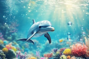Obraz premium A friendly dolphin swims gracefully within the vibrant ocean environment