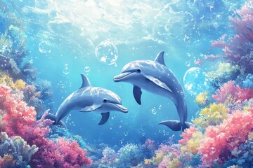 Two playful dolphins swim together near colorful coral reefs underwater