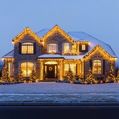 Festive holiday spirit shines bright with christmas lights adorning a beautiful stone house at dusk creating a warm and inviting winter scene