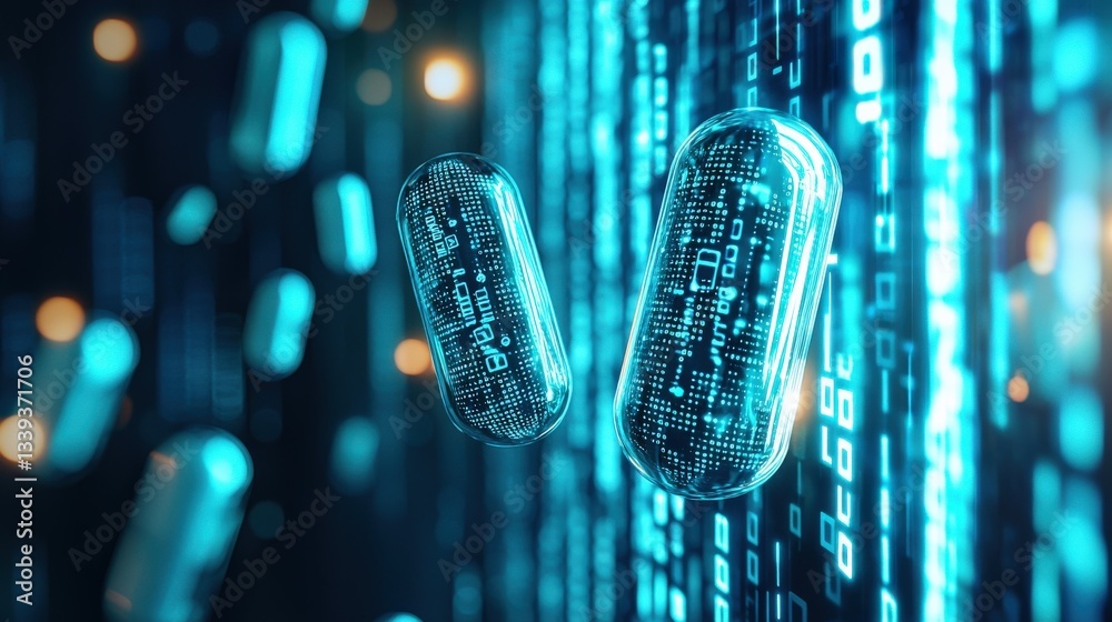 Poster digital capsules floating in abstract binary code background