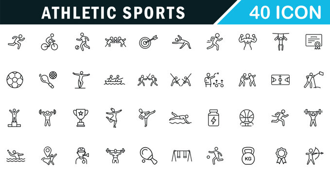 Athletic Sports outline editable icon&nbsp;set.gym exercises, football, swimming, gymnastics and more.