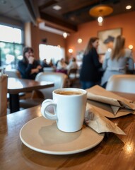 Cozy Coffee Shop Interior with Freshly Brewed Espresso on Table