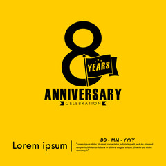 8th years anniversary celebration emblem. anniversary logo isolated with flag pole on yellow background. vector illustration template design for web, flyers, poster, greeting card	
