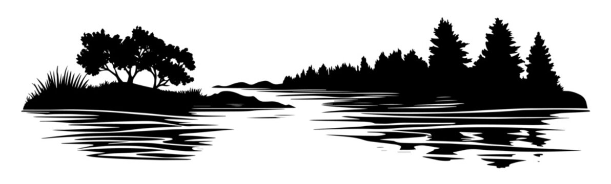river landscape with trees in monochrome silhouette