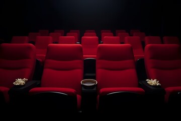 Obraz premium Anticipation Hangs Heavy In The Air, A Hushed Cinema Awaits The Magic Of The Silver Screen, Plush Red Seats Bathed In Dim Light, Popcorn Ready