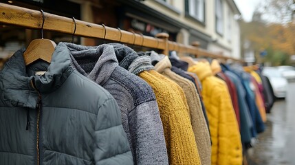 Obraz premium Winter coats and jackets on display outdoors.