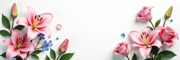 Fototapeta premium Delicate lilies, roses, and violets on seamless white , beautiful flowers, soft