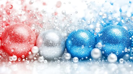 Festive red, silver, blue Christmas baubles with glitter.