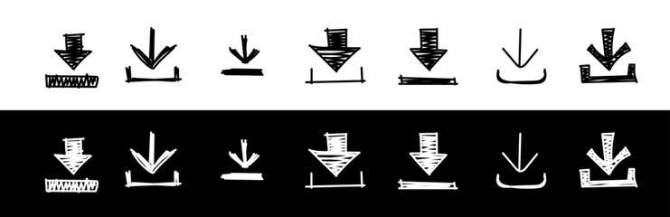 Doodle download icon. Hand drawn line arrow download