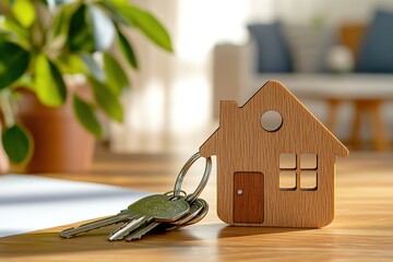 Wooden house keychain with keys on a table near