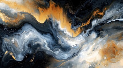 Naklejka premium Vivid colors intertwine to form an abstract design featuring shades of gold, black, and white. The fluid art technique creates a mesmerizing blend that captivates viewers