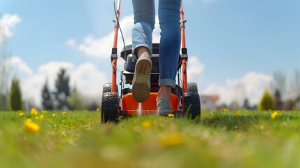 Obraz premium Woman mowing the lawn on a sunny day. Low angle shot.