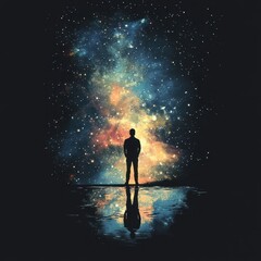 Obraz premium A Silhouetted Man Gazing Upon a Stunning Night Sky Display