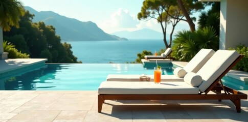 Elegant lounge chair, refreshing drink, tranquil pool view , resort, idyllic