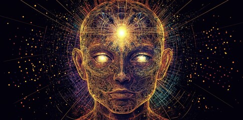 Artistic depiction of a human head radiating energy and light