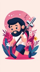 Cartoon illustration of a determined religious figure with a cross walking through a vibrant floral landscape with stylized background