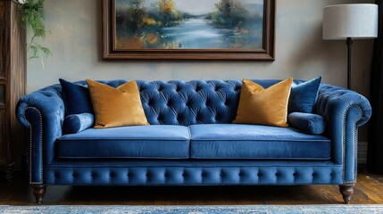 Blue velvet sofa with gold pillows in living room with landscape painting