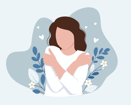 The girl hugs herself by the shoulders.Love yourself concept. Self care. Vector flat illustration.