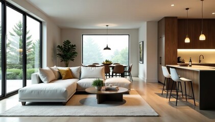 Expansive living room flows into stylish modern kitchen , modern, design